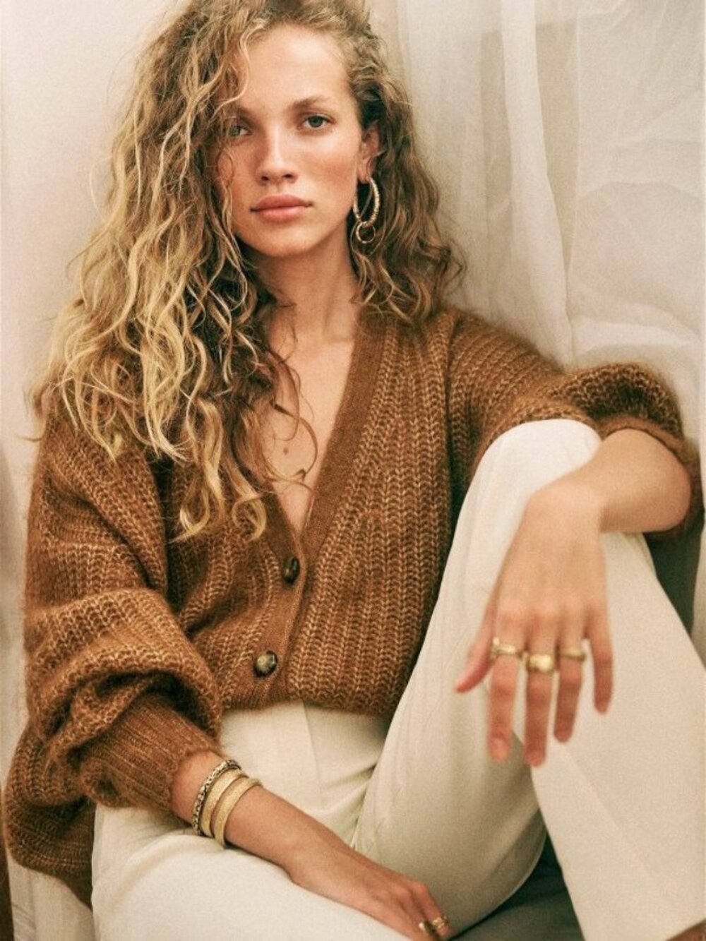 EUC Sezane Achille Mohair Wool Blend Oversized Cardigan Cognac Brown Medium
